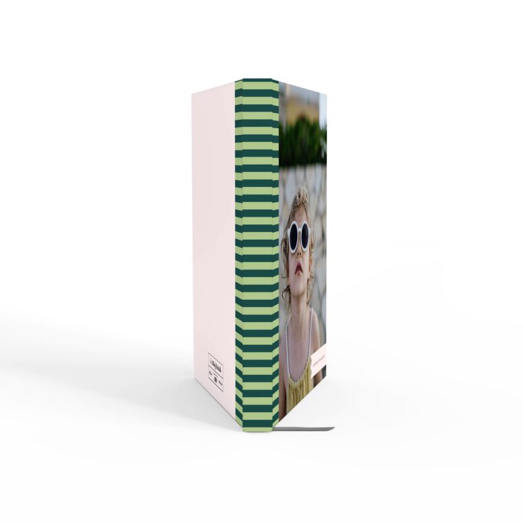 Personalised portrait notebook design with one photo on the cover featuring green stripes.