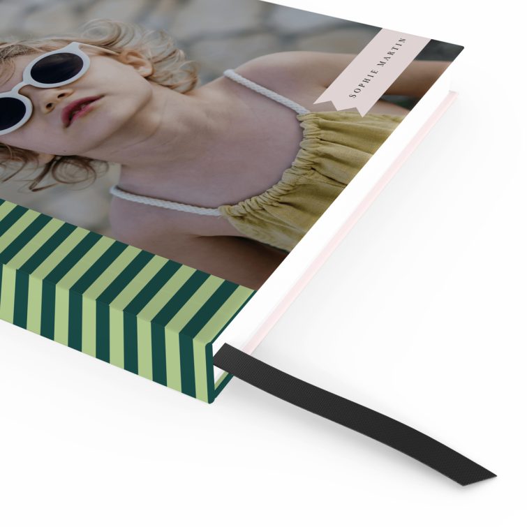 Personalised portrait notebook design with one photo on the cover featuring green stripes.