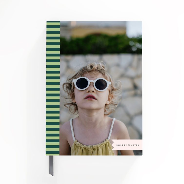 Personalised portrait notebook design with one photo on the cover featuring green stripes.