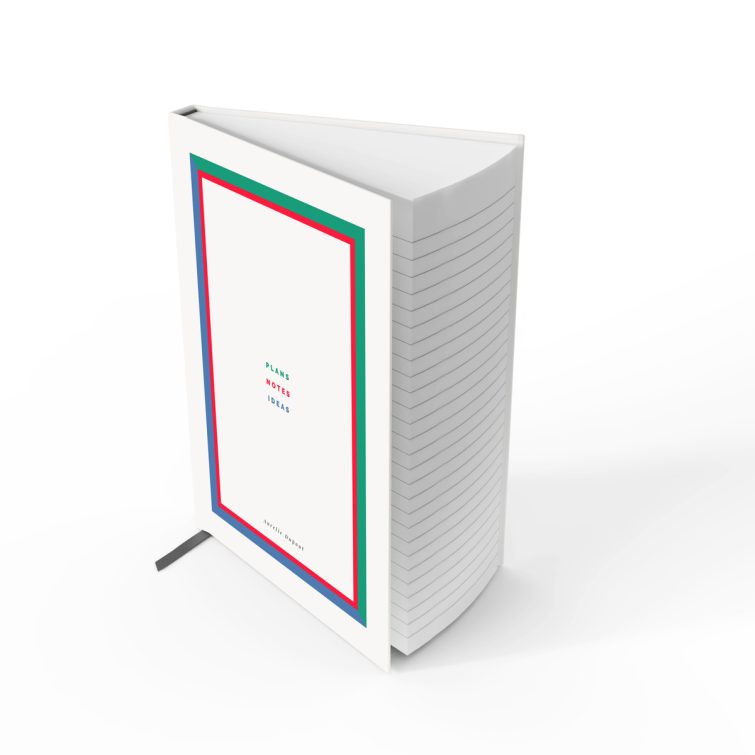 Colourful portrait notebook design with vibrant geometric border and white background, featuring one small logo photo.