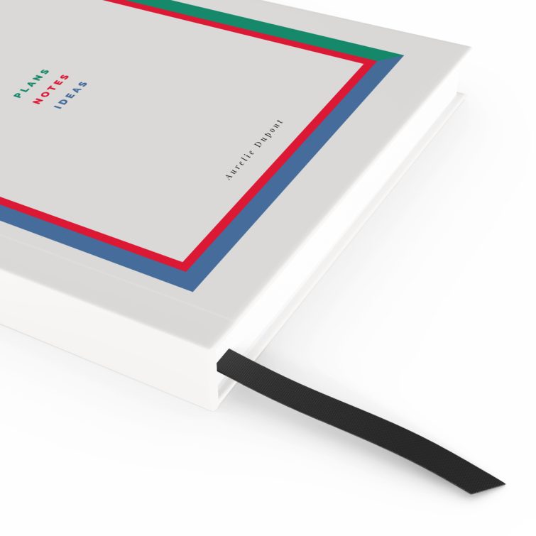 Colourful portrait notebook design with vibrant geometric border and white background, featuring one small logo photo.