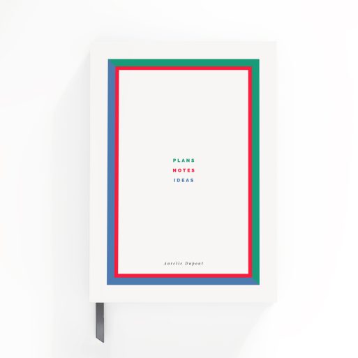 Colourful portrait notebook design with vibrant geometric border and white background, featuring one small logo photo.