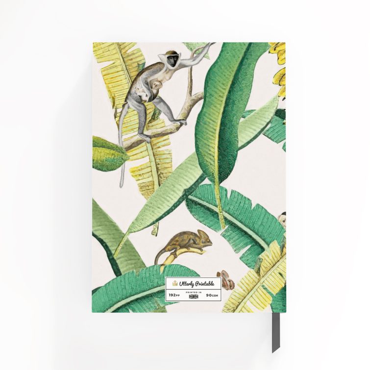 Colourful botanical and animal-themed design for personalised portrait notebooks with two animal images, perfect for custom printing by UK-based Utterly Printable.