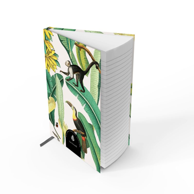 Colourful botanical and animal-themed design for personalised portrait notebooks with two animal images, perfect for custom printing by UK-based Utterly Printable.