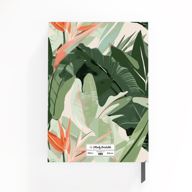 Floral tropical notebooks design with vibrant green leaves and orange flowers, featuring Utterly Printable branding, no photos included.