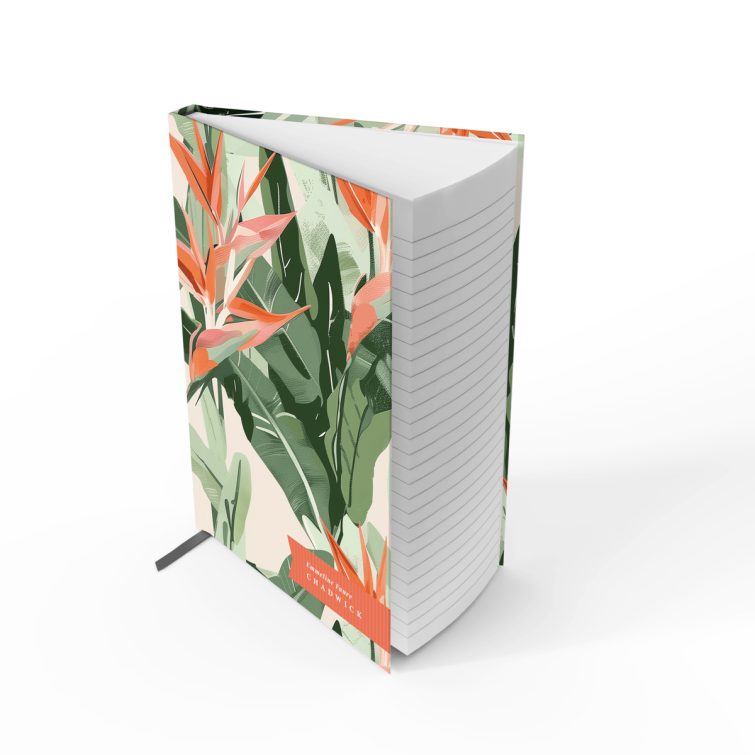 Floral tropical notebooks design with vibrant green leaves and orange flowers, featuring Utterly Printable branding, no photos included.