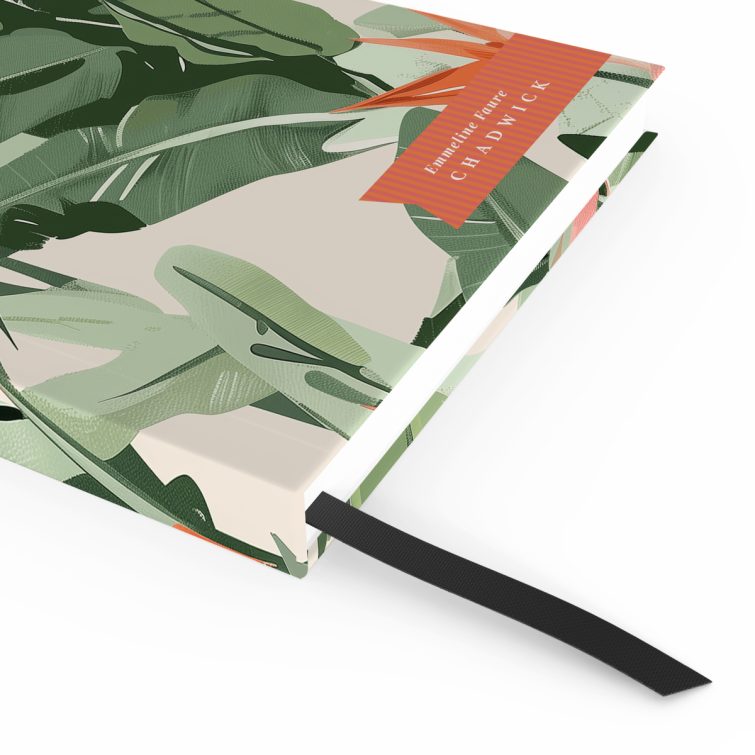 Floral tropical notebooks design with vibrant green leaves and orange flowers, featuring Utterly Printable branding, no photos included.