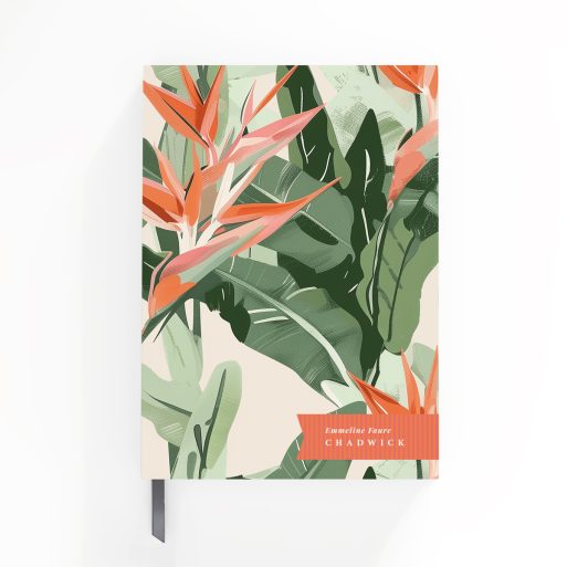 Floral tropical notebooks design with vibrant green leaves and orange flowers, featuring Utterly Printable branding, no photos included.