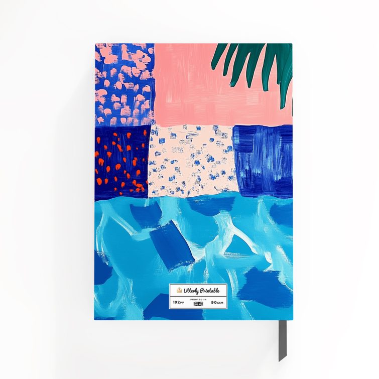 Colourful abstract notebook cover design with palm leaf illustration and vibrant patterns, featuring one placeholder photo.