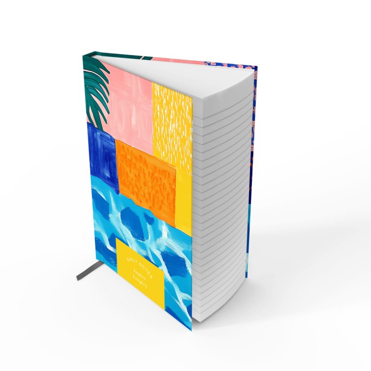 Colourful abstract notebook cover design with palm leaf illustration and vibrant patterns, featuring one placeholder photo.