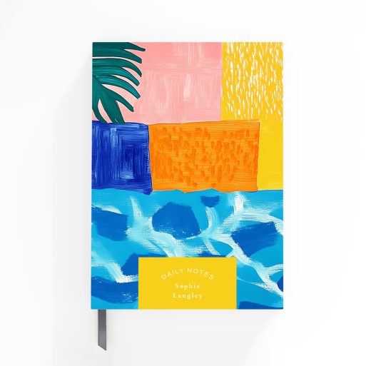 Colourful abstract notebook cover design with palm leaf illustration and vibrant patterns, featuring one placeholder photo.