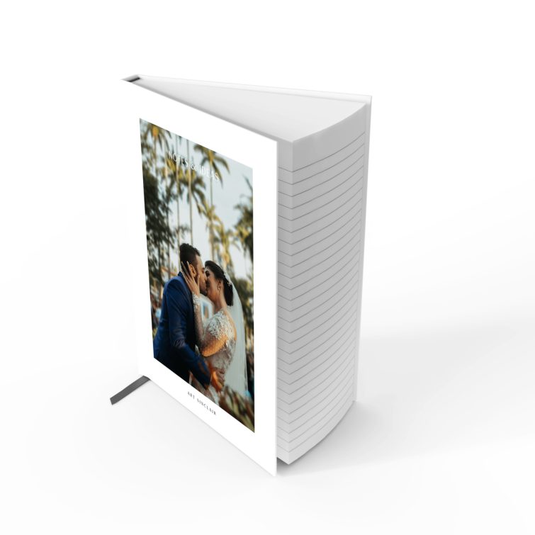 Portrait orientation wedding-themed notebook cover design with one photo, personalised by Utterly Printable.