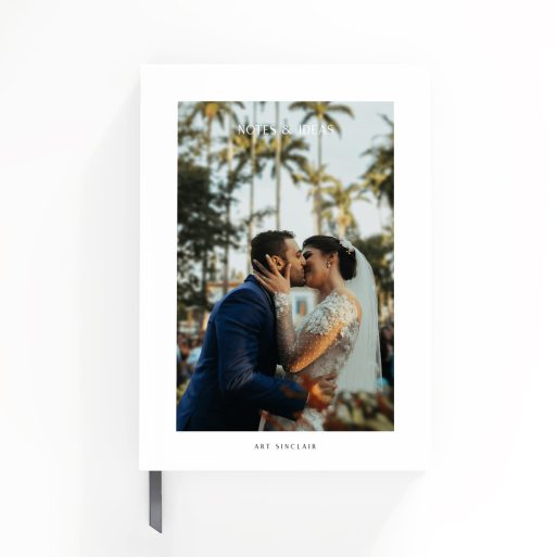 Portrait orientation wedding-themed notebook cover design with one photo, personalised by Utterly Printable.