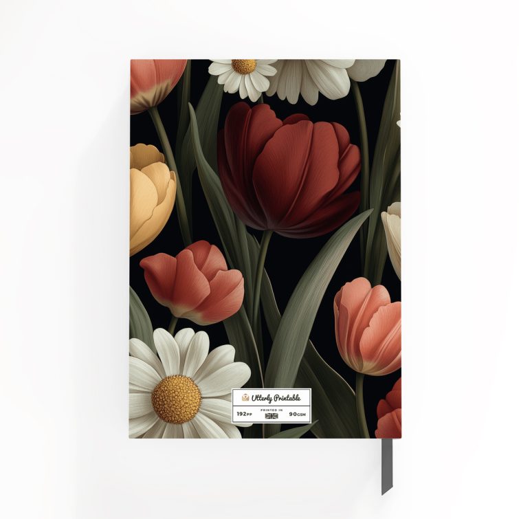 Floral-themed notebook cover design with a variety of blooming flowers, featuring one photo on the back, suitable for personalised stationery.