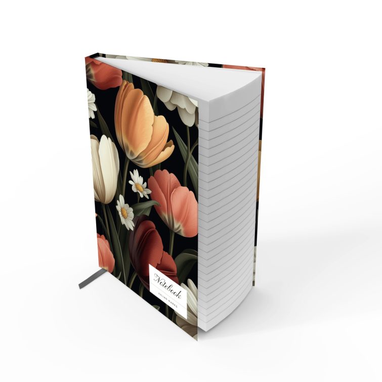 Floral-themed notebook cover design with a variety of blooming flowers, featuring one photo on the back, suitable for personalised stationery.