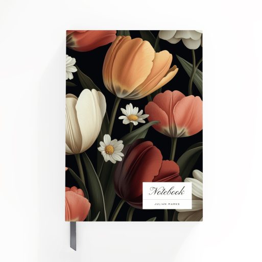 Floral-themed notebook cover design with a variety of blooming flowers, featuring one photo on the back, suitable for personalised stationery.