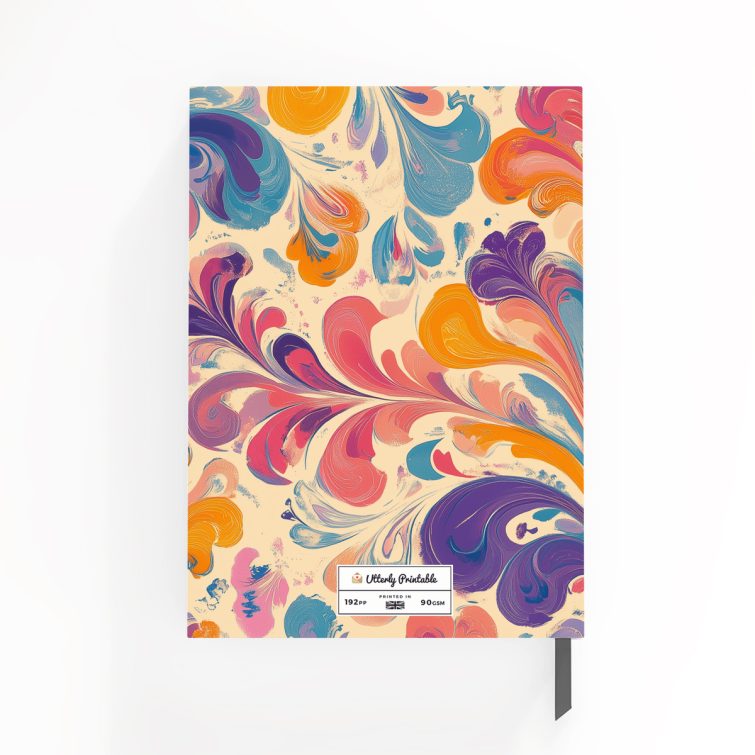 Colourful marbled design full cover spread for personalised notebooks with vibrant swirls, no photos included.