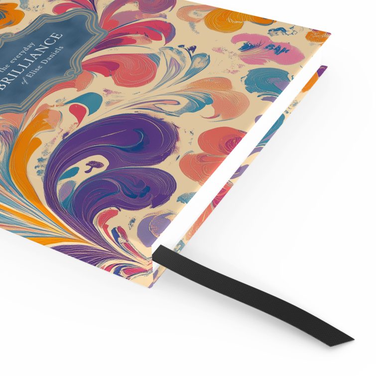 Colourful marbled design full cover spread for personalised notebooks with vibrant swirls, no photos included.