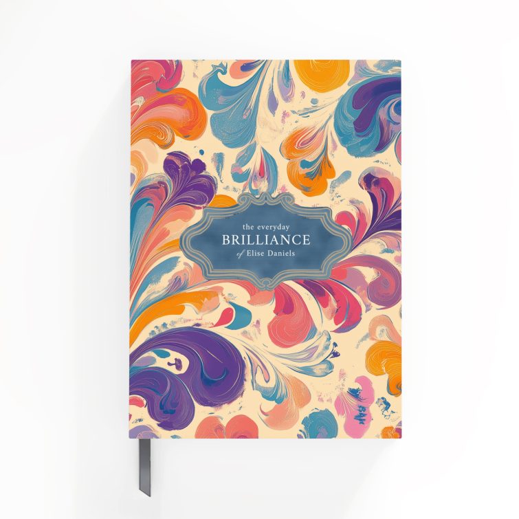 Colourful marbled design full cover spread for personalised notebooks with vibrant swirls, no photos included.