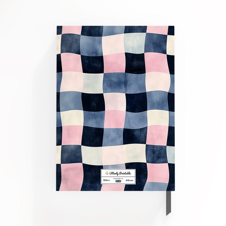 Colourful checkered design for personalised portrait orientation notebooks with no photos visible.