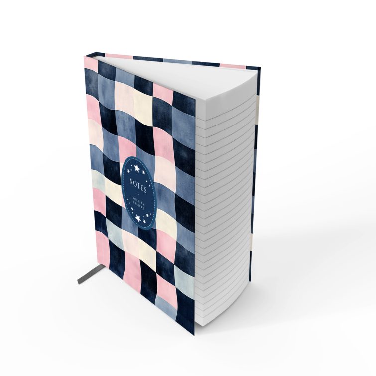 Colourful checkered design for personalised portrait orientation notebooks with no photos visible.