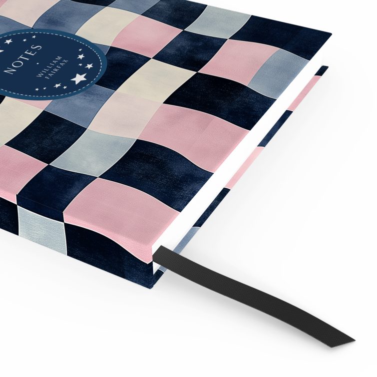 Colourful checkered design for personalised portrait orientation notebooks with no photos visible.