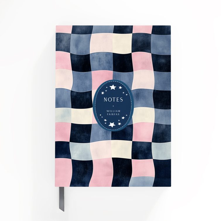 Colourful checkered design for personalised portrait orientation notebooks with no photos visible.