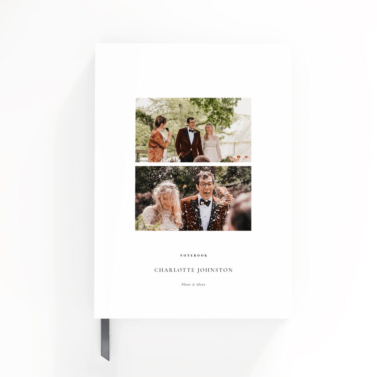 Elegant personalised notebook design featuring two photos for special occasions.