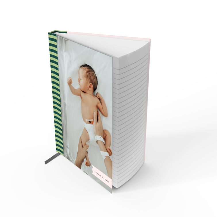 Portrait orientation notebooks cover design with green striped background, including one photo on the front.