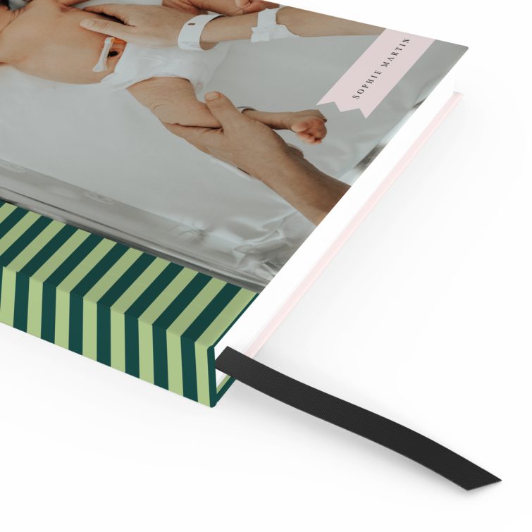 Portrait orientation notebooks cover design with green striped background, including one photo on the front.