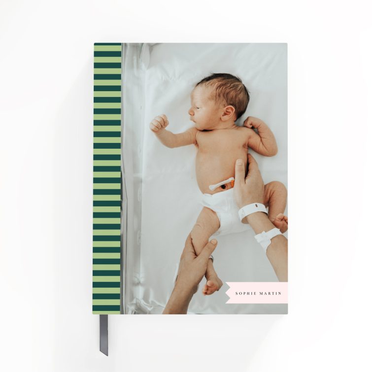 Portrait orientation notebooks cover design with green striped background, including one photo on the front.