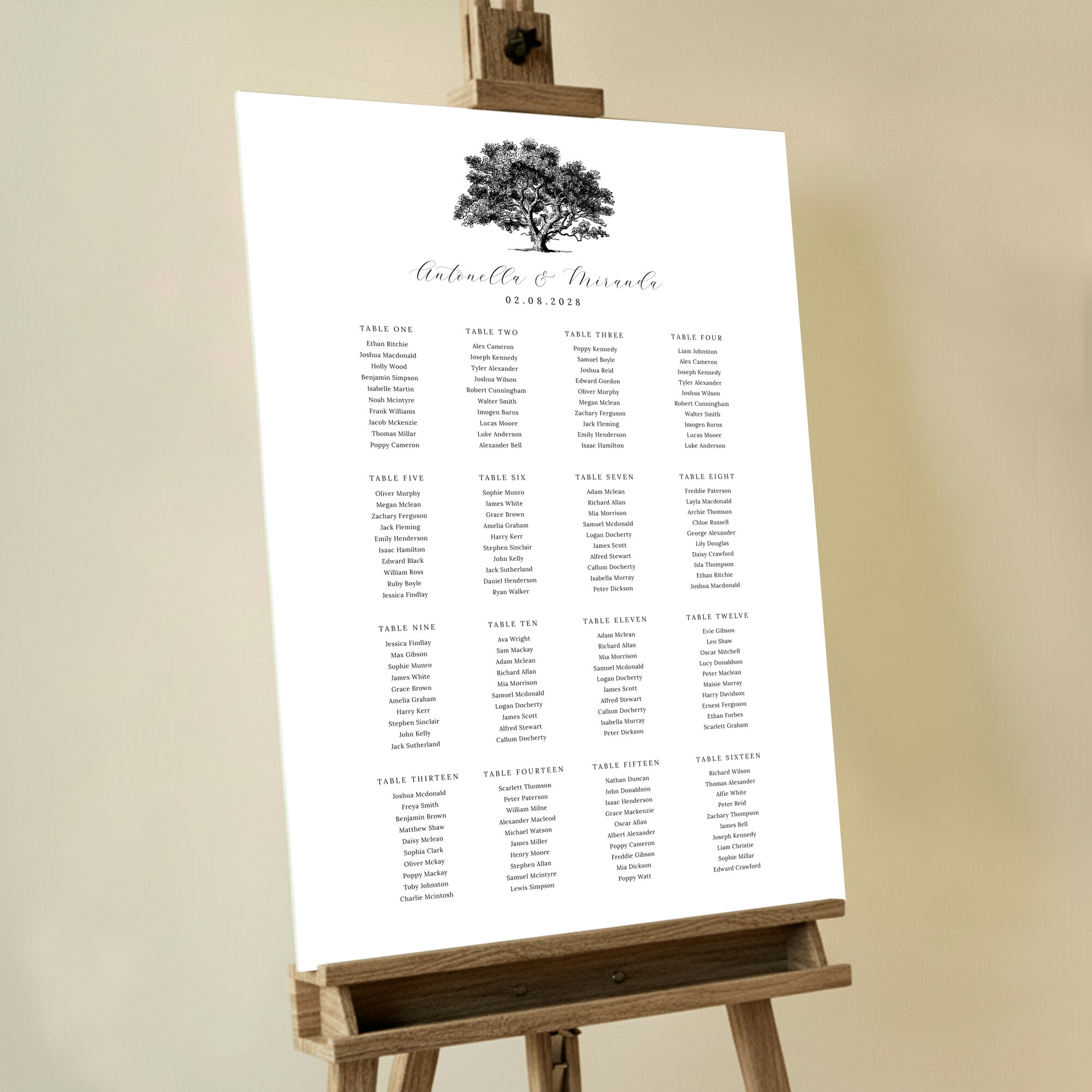 Oak Haven Seating Plan featuring a black and white engraving of an old oak tree at the top, adding rustic elegance to your countryside wedding reception.. This template shows 16 tables.