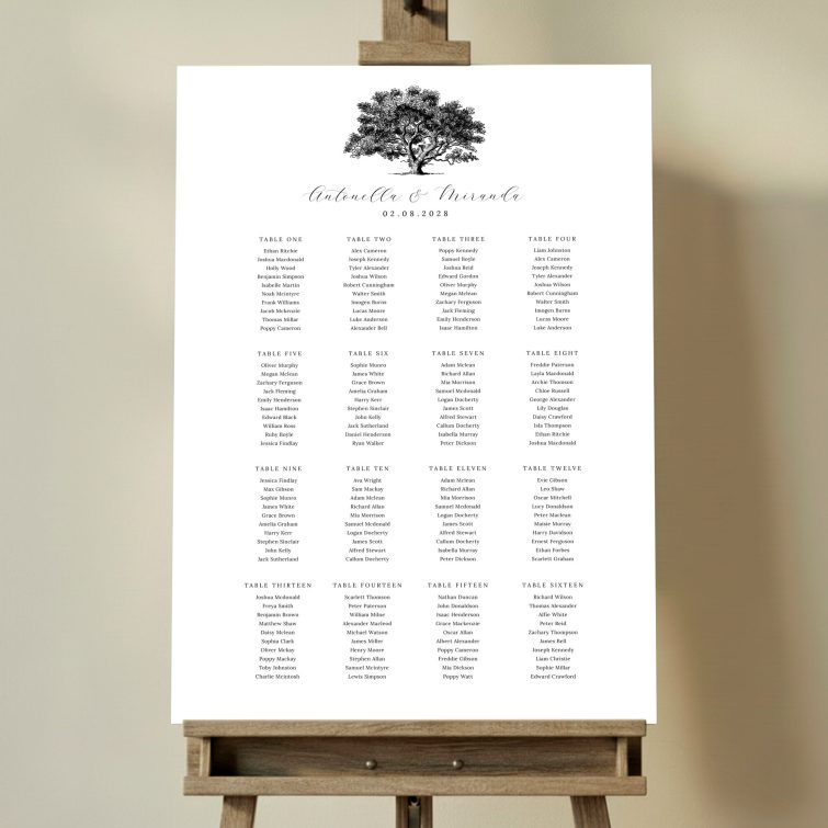 Oak Haven Seating Plan featuring a black and white engraving of an old oak tree at the top, adding rustic elegance to your countryside wedding reception.. This template shows 16 tables.
