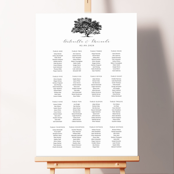 Oak Haven Seating Plan featuring a black and white engraving of an old oak tree at the top, adding rustic elegance to your countryside wedding reception.. This template shows 16 tables.