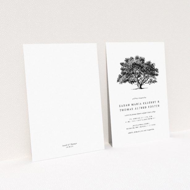 Monochromatic wedding invitation featuring a majestic oak tree symbolising strength and longevity This image shows the front and back sides together