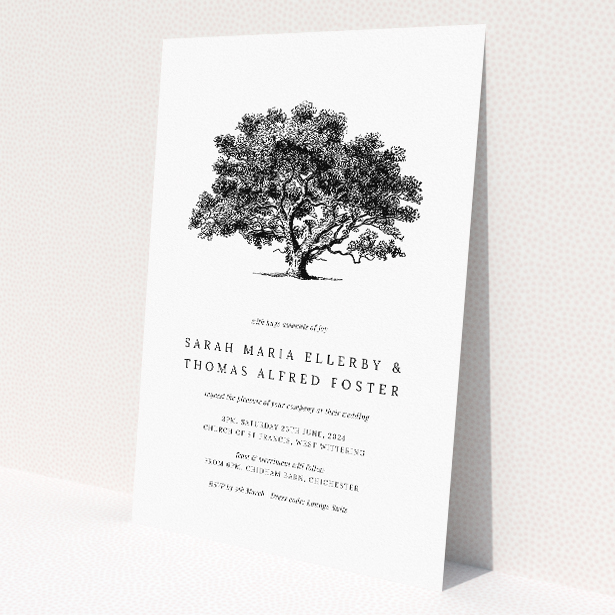 Monochromatic wedding invitation featuring a majestic oak tree symbolising strength and longevity This is a view of the front