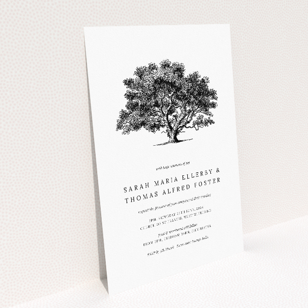 Monochromatic wedding invitation featuring a majestic oak tree symbolising strength and longevity This image shows the front and back sides together