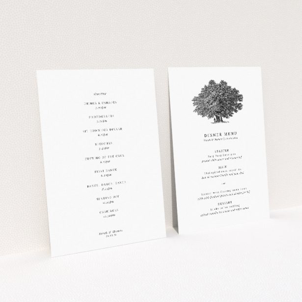 Oak Haven wedding menu template with timeless nature's beauty, monochromatic illustrations of oak trees, and classic serif fonts, perfect for elegant ceremonies amidst nature's serenity This image shows the front and back sides together