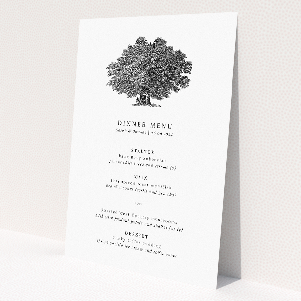 Oak Haven wedding menu template with timeless nature's beauty, monochromatic illustrations of oak trees, and classic serif fonts, perfect for elegant ceremonies amidst nature's serenity This is a view of the front
