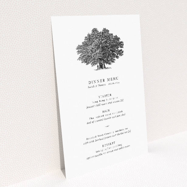 Oak Haven wedding menu template with timeless nature's beauty, monochromatic illustrations of oak trees, and classic serif fonts, perfect for elegant ceremonies amidst nature's serenity This image shows the front and back sides together