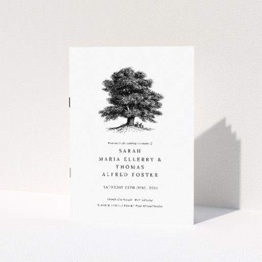 "Oak Haven wedding order of service booklet featuring detailed monochrome illustration of an oak tree, symbolising strength and endurance, ideal for couples seeking a subtle yet meaningful representation of their union.". This is a view of the front