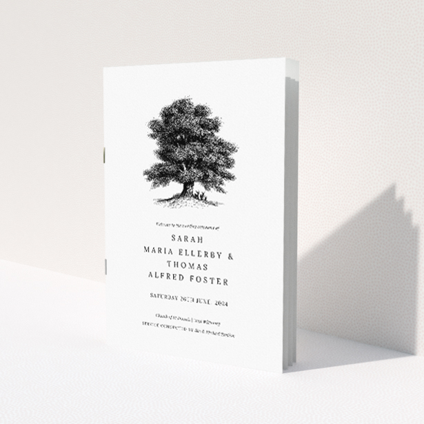 'Oak Haven wedding order of service booklet featuring detailed monochrome illustration of an oak tree, symbolising strength and endurance, ideal for couples seeking a subtle yet meaningful representation of their union.'. This is a view of the front