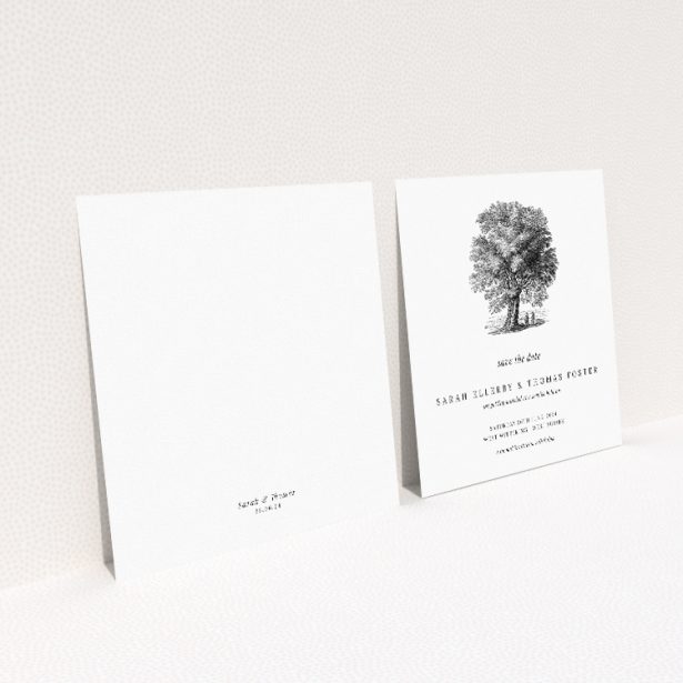 Oak Haven Wedding Save the Date Card Template - Serene Oak Tree Illustration for Nature-Loving Couples. This image shows the front and back sides together