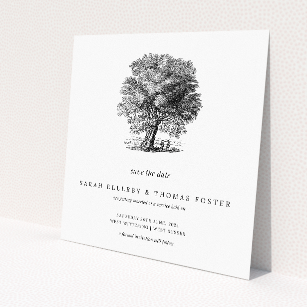 Oak Haven Wedding Save the Date Card Template - Serene Oak Tree Illustration for Nature-Loving Couples. This is a view of the front