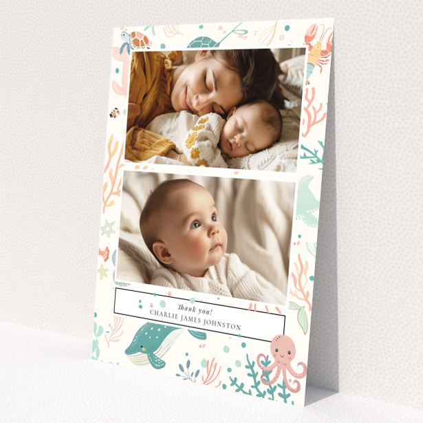 Baby thank you card design featuring two photos with a marine life theme.