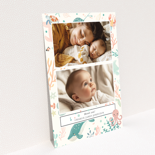 Back page of a baby thank you card design named Portrait by Utterly Printable with one photo