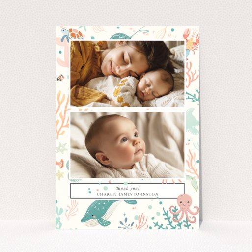 Baby thank you card design featuring two photos with a marine life theme.