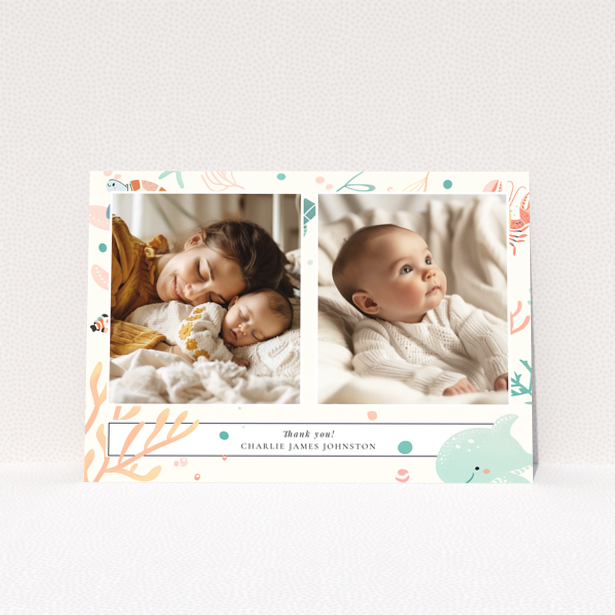 Baby thank you card design featuring two photos with a marine life theme.
