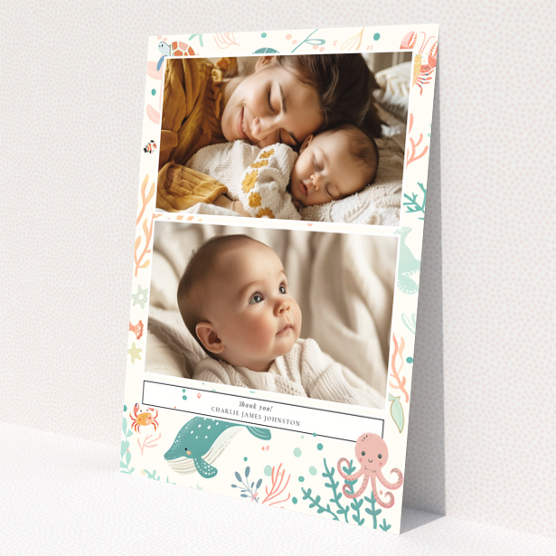 Baby thank you card design featuring two photos with a marine life theme.