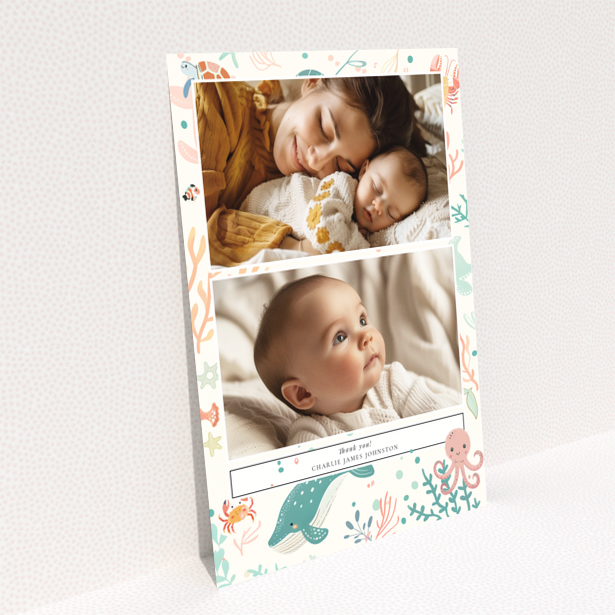 Baby thank you card design featuring two photos with a marine life theme.